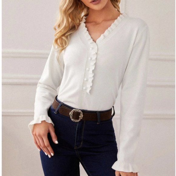 White Frill Trim Sweater - Picture 1 of 7